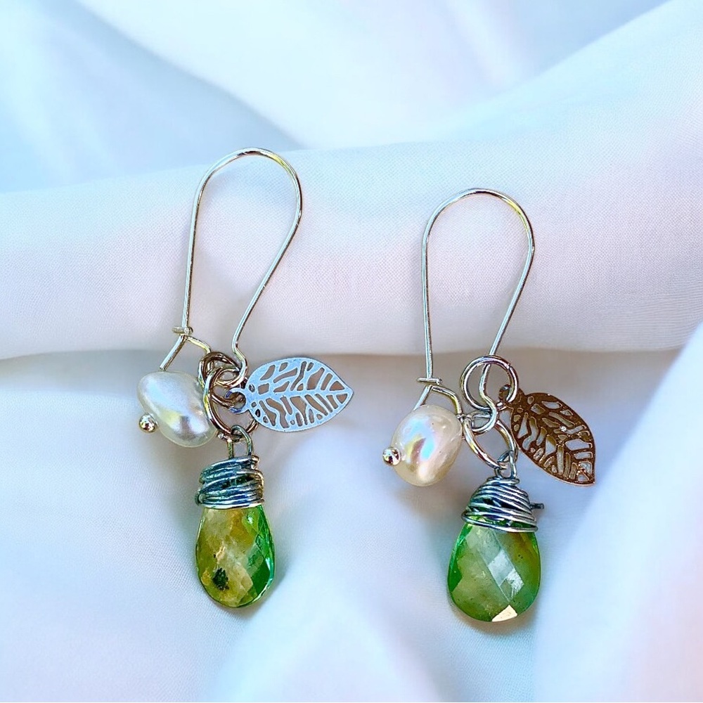 Hand made elegant floral green drop Earrings with freshwater pearls